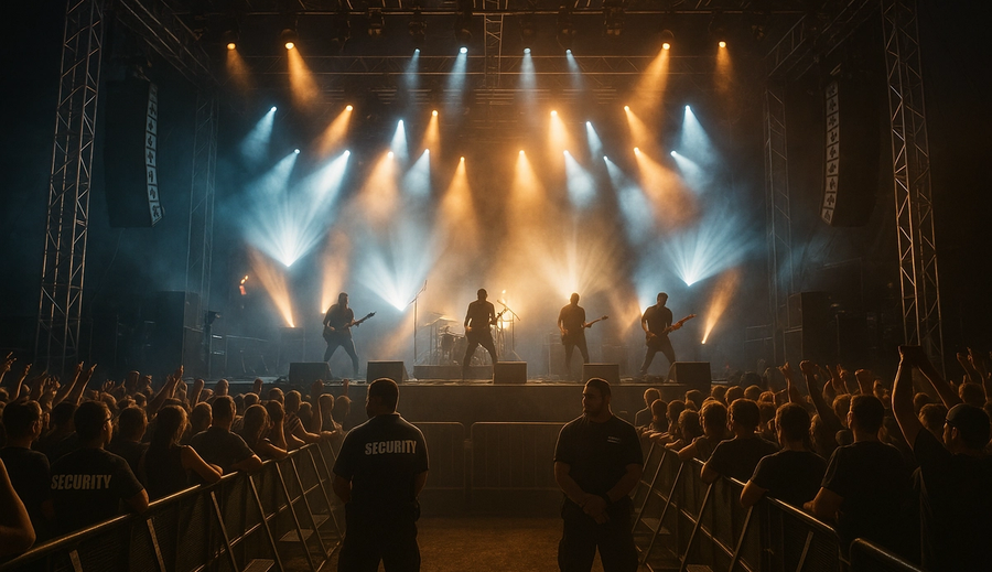 Professional music festival stage with safety barriers and security personnel managing crowd