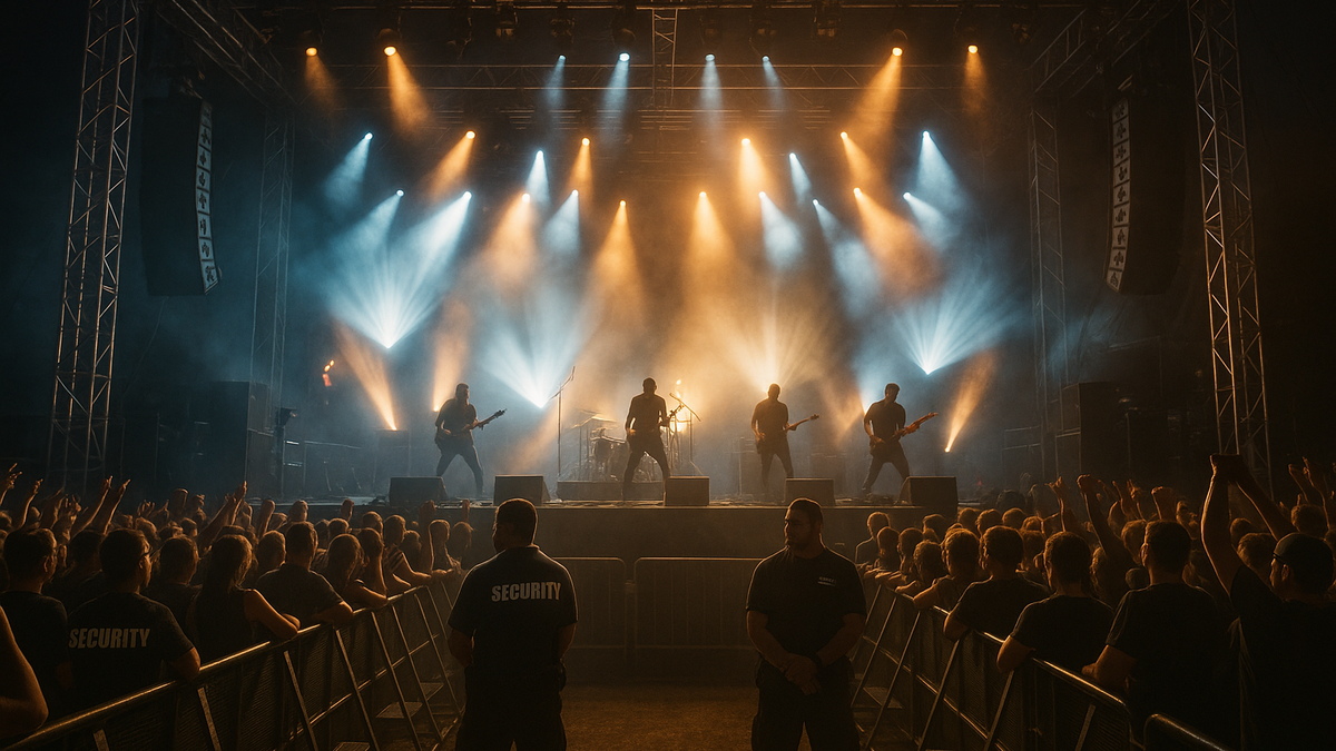 Professional music festival stage with safety barriers and security personnel managing crowd