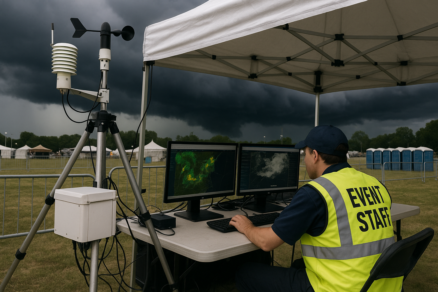 Weather monitoring station and emergency preparedness protocols at outdoor event venue