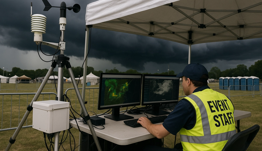 Weather monitoring station and emergency preparedness protocols at outdoor event venue