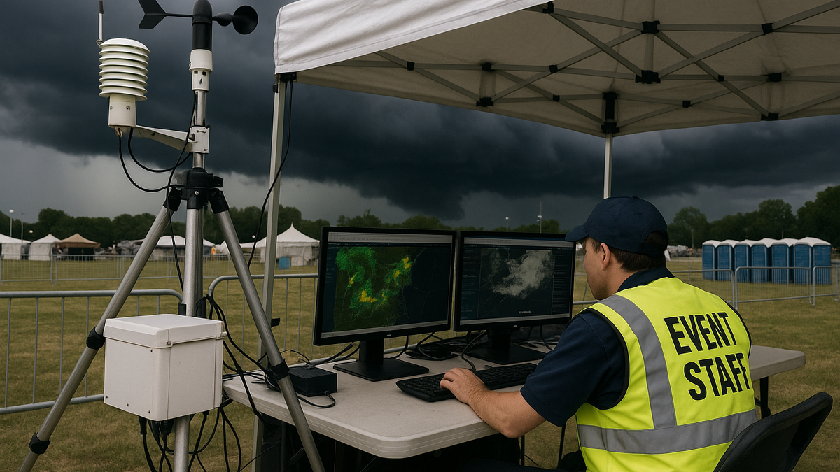 Weather monitoring station and emergency preparedness protocols at outdoor event venue