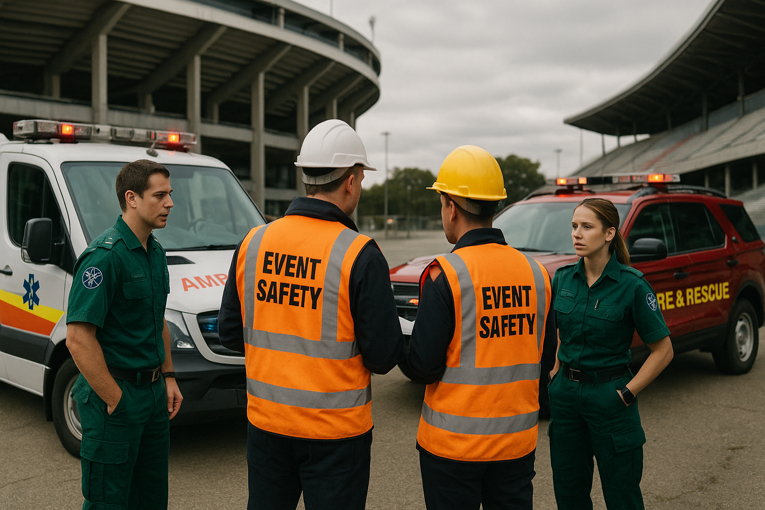 Emergency response team training exercise showing coordination between paramedics and event safety personnel