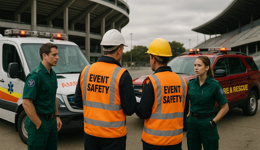 Emergency response team training exercise showing coordination between paramedics and event safety personnel