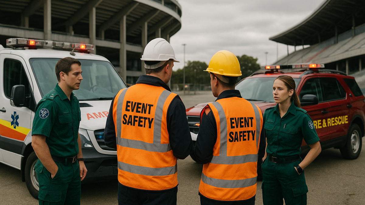 Emergency response team training exercise showing coordination between paramedics and event safety personnel