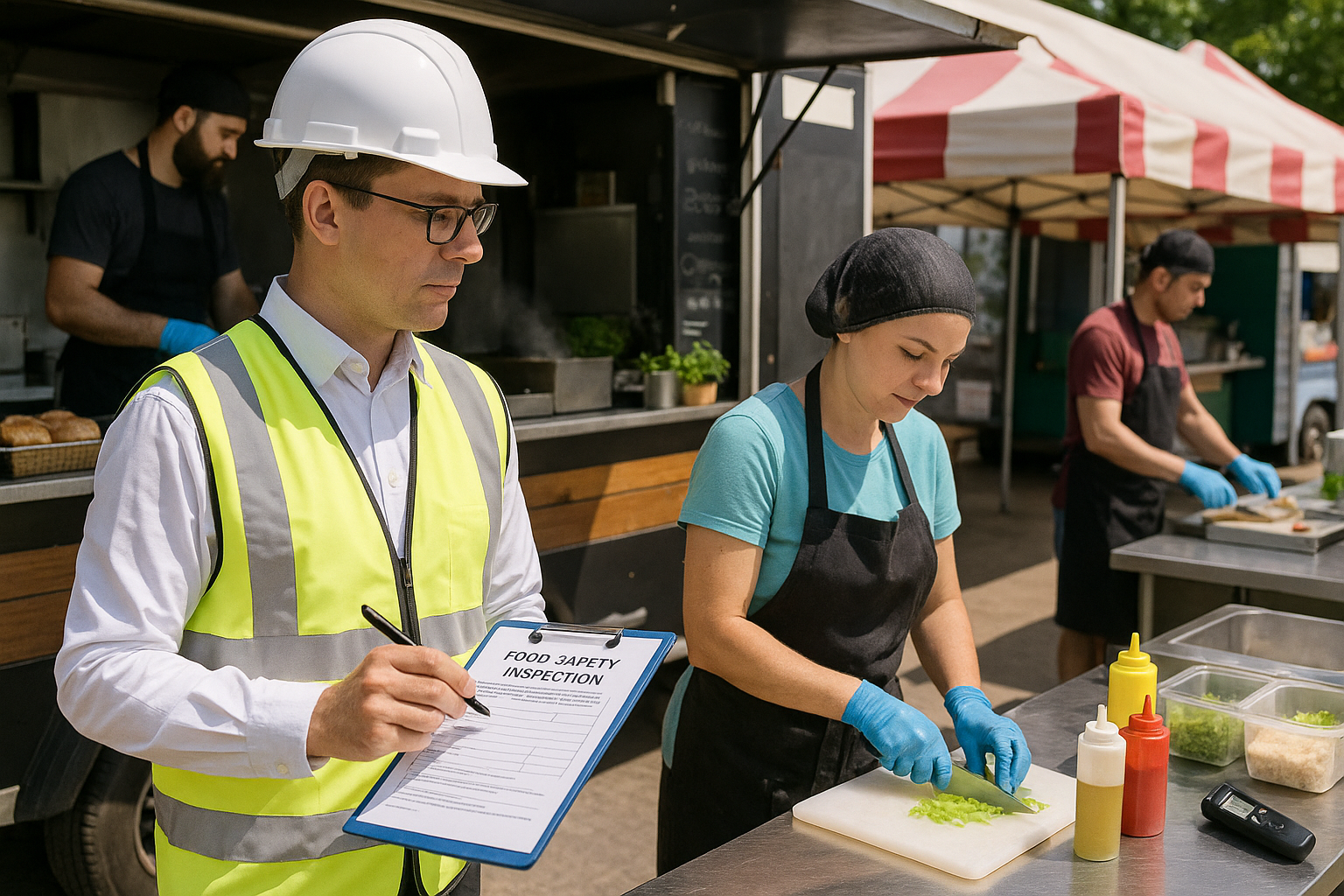 Food safety inspector reviewing vendor compliance and hygiene protocols at festival food court