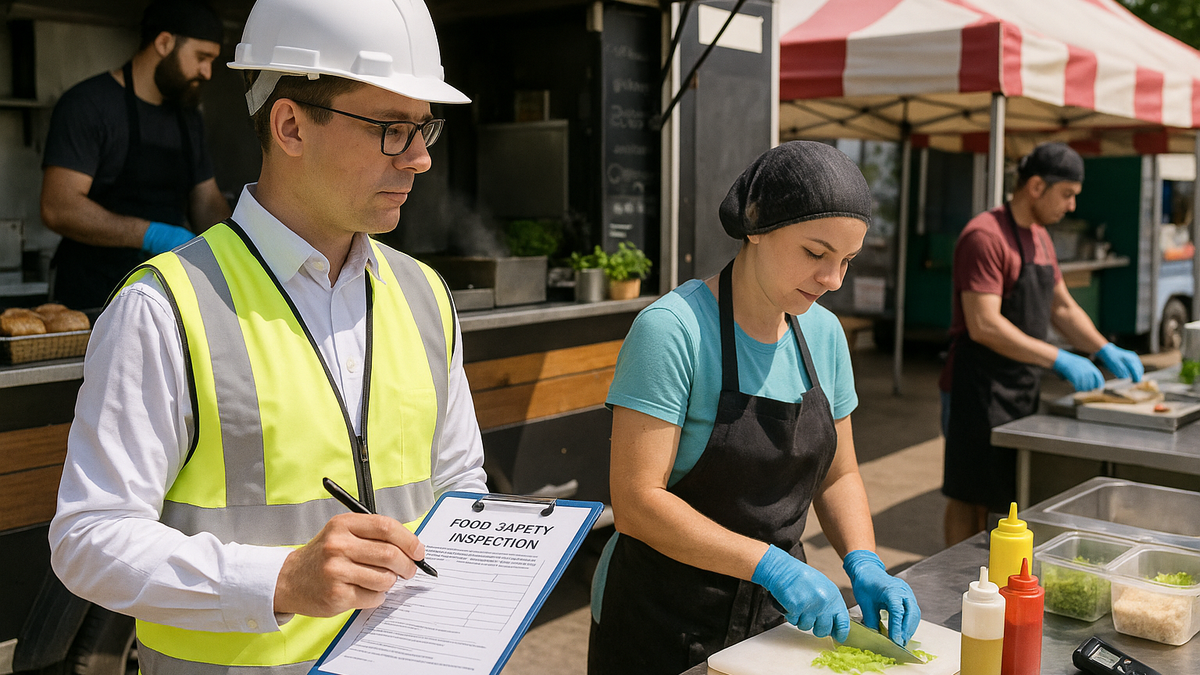 Food safety inspector reviewing vendor compliance and hygiene protocols at festival food court