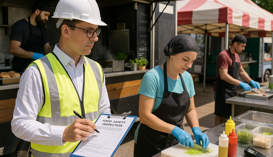 Food safety inspector reviewing vendor compliance and hygiene protocols at festival food court