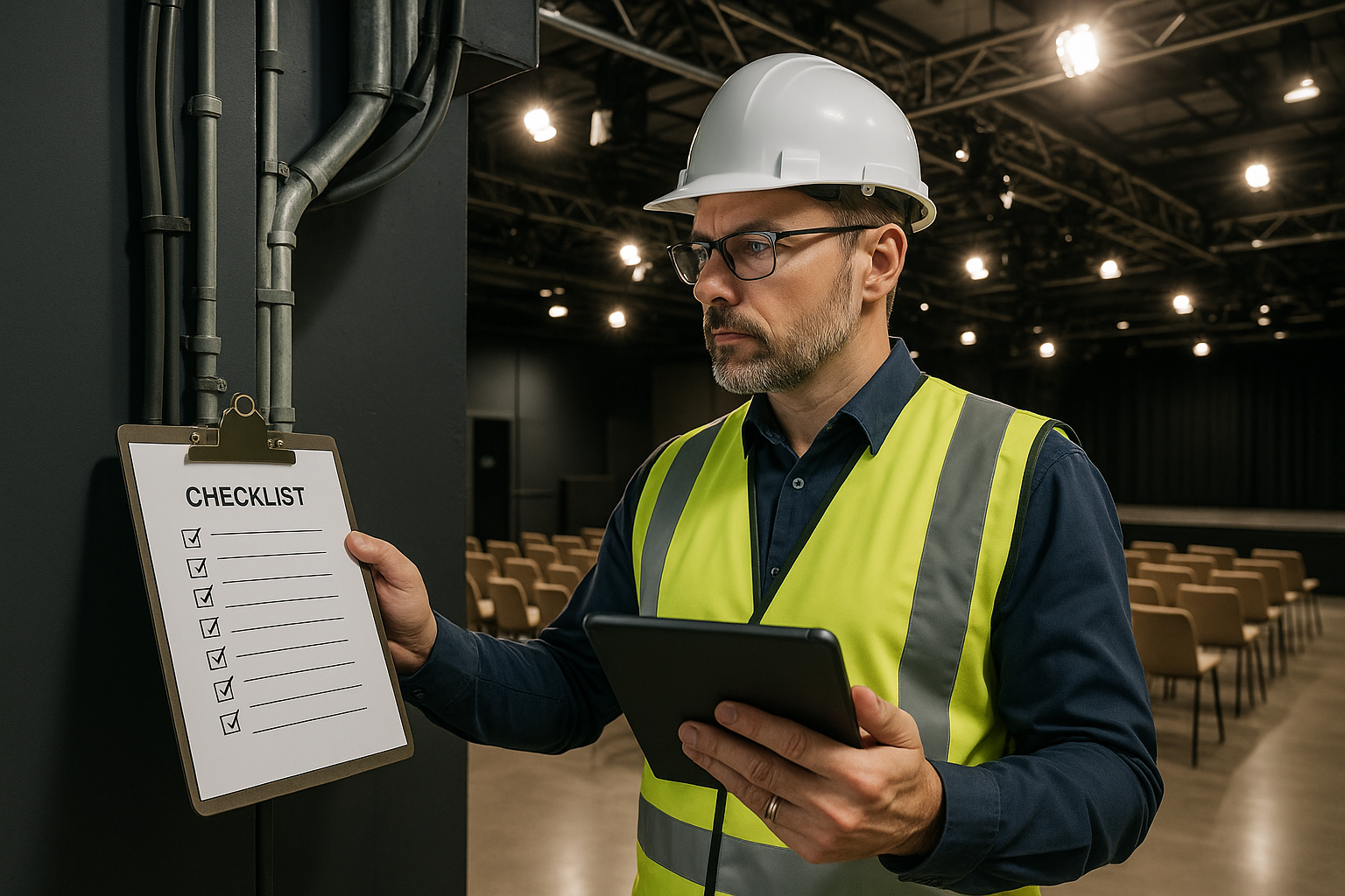 Safety inspector conducting comprehensive venue audit with professional equipment and documentation