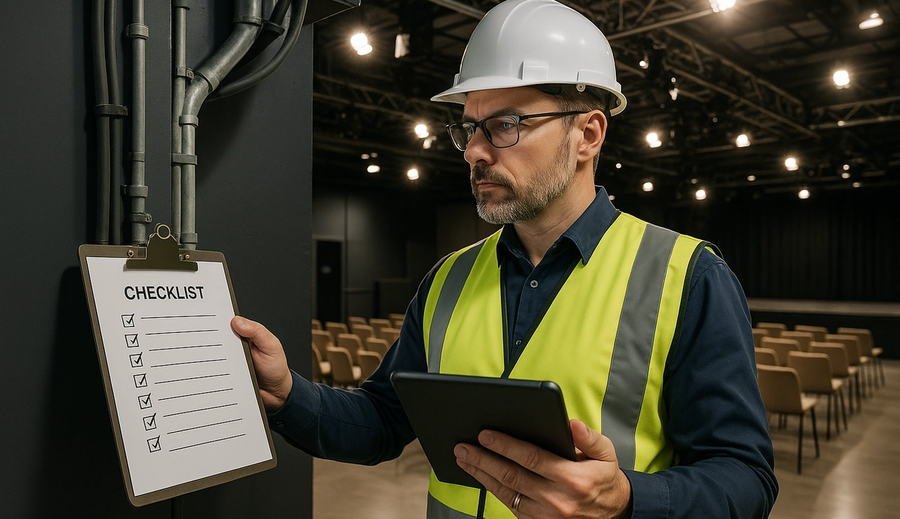 Safety inspector conducting comprehensive venue audit with professional equipment and documentation