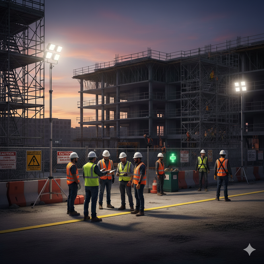 Construction site safety management meeting with supervisors and safety documentation