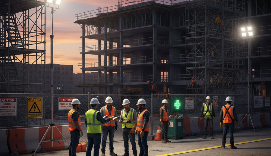 Construction site safety management meeting with supervisors and safety documentation