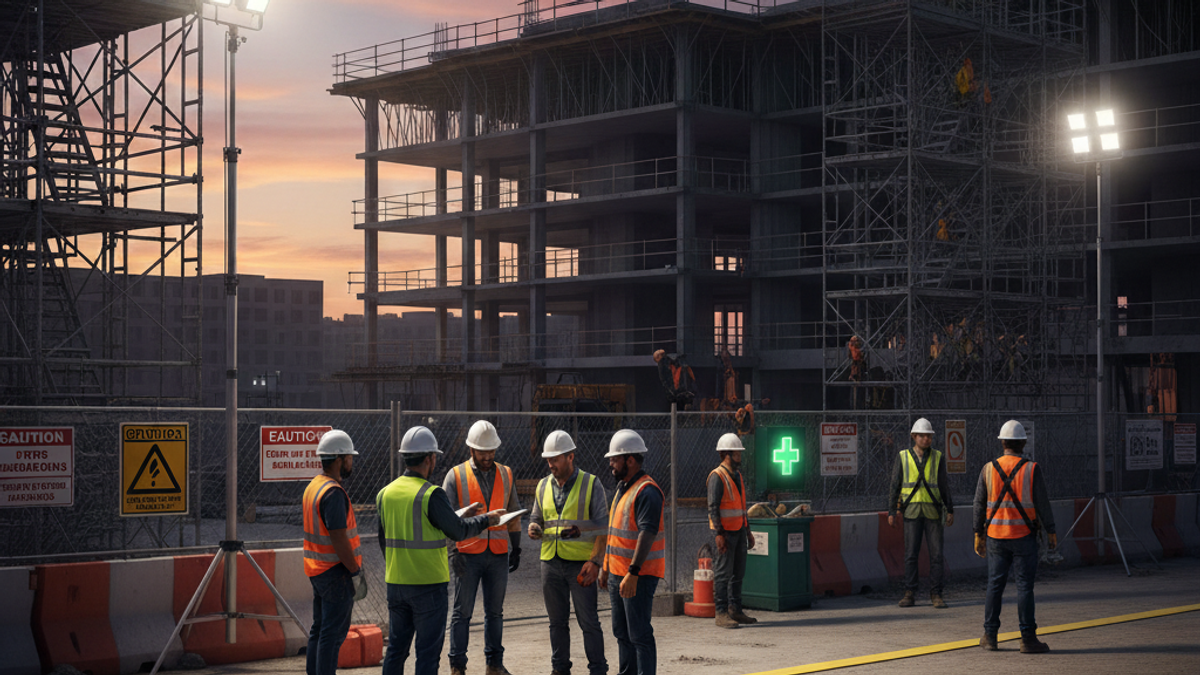 Construction site safety management meeting with supervisors and safety documentation