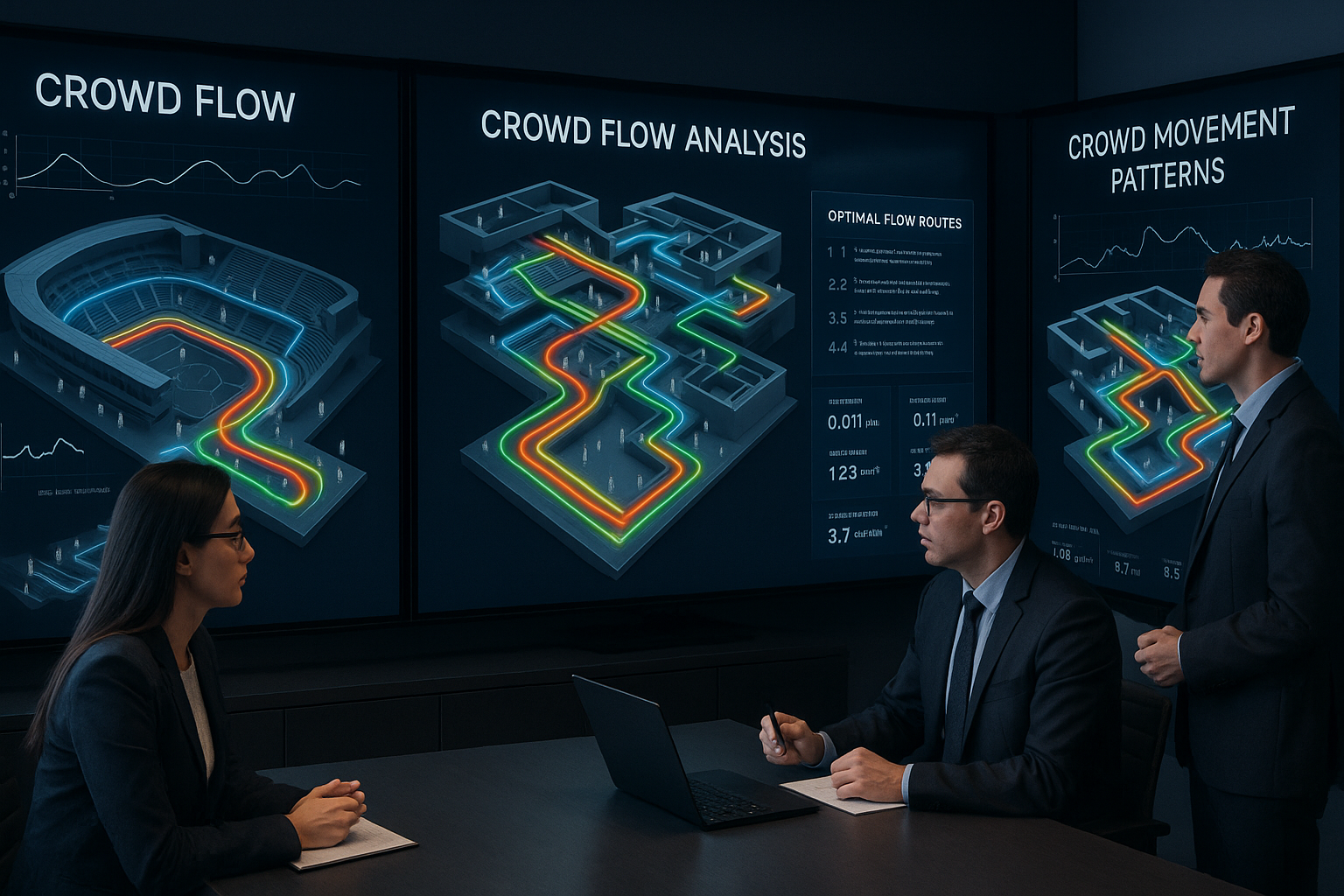 Advanced crowd flow analysis using digital displays and crowd movement visualization technology