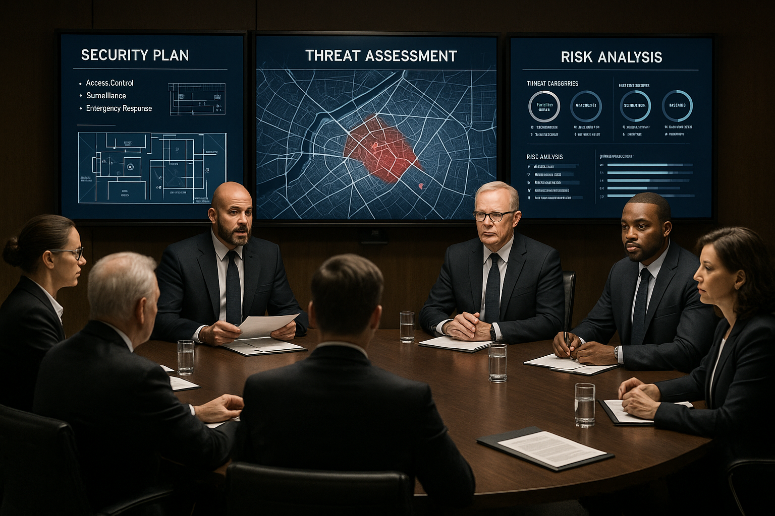 Executive security consulting meeting with experts presenting threat assessment and security plans