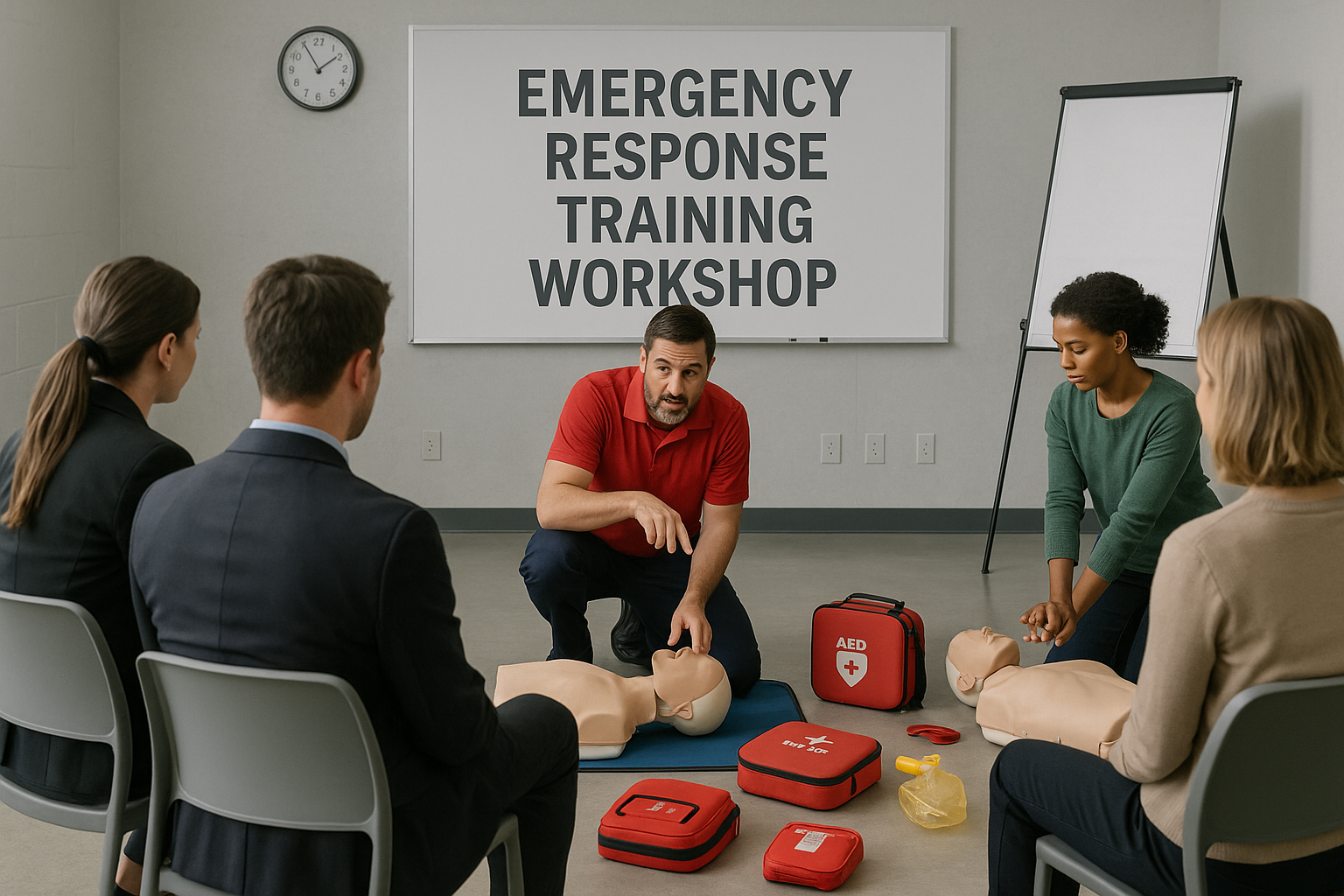 Emergency response training workshop with professionals learning emergency procedures and protocols