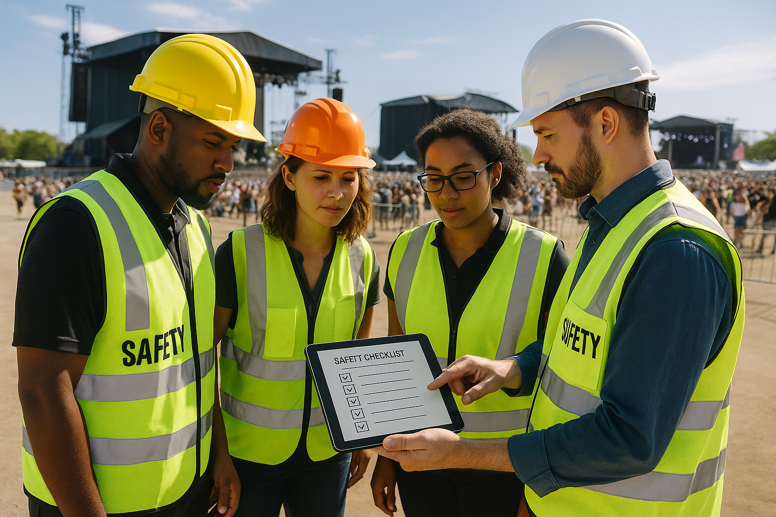 Event safety management professionals reviewing safety plans at outdoor festival venue