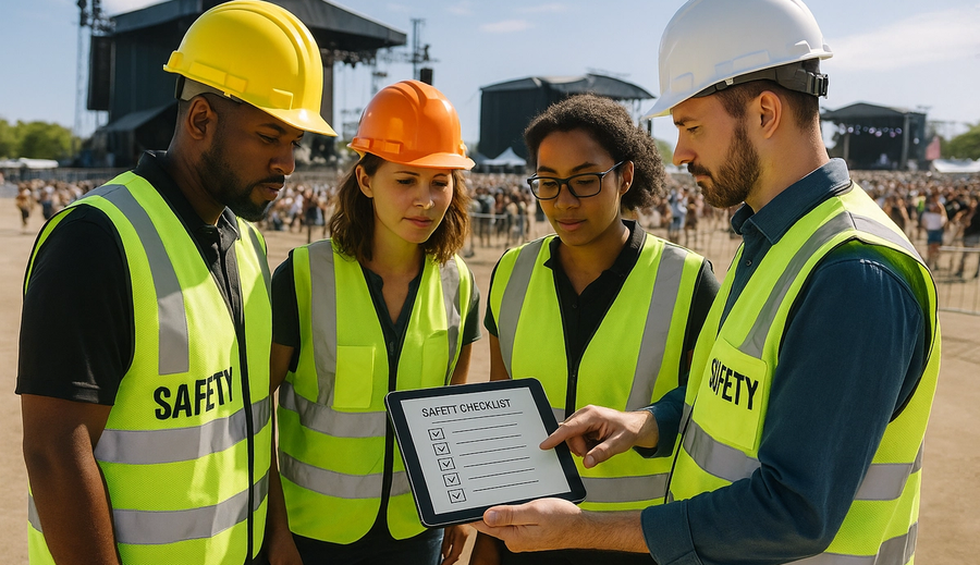 Event safety management professionals reviewing safety plans at outdoor festival venue