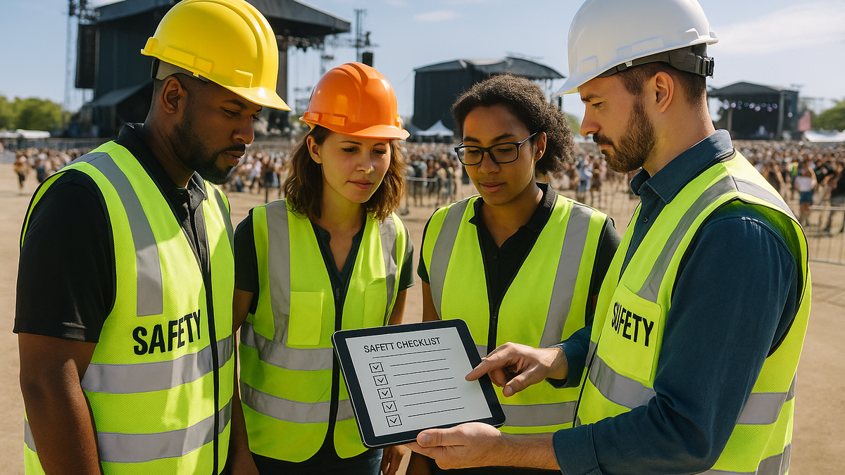 Event safety management professionals reviewing safety plans at outdoor festival venue