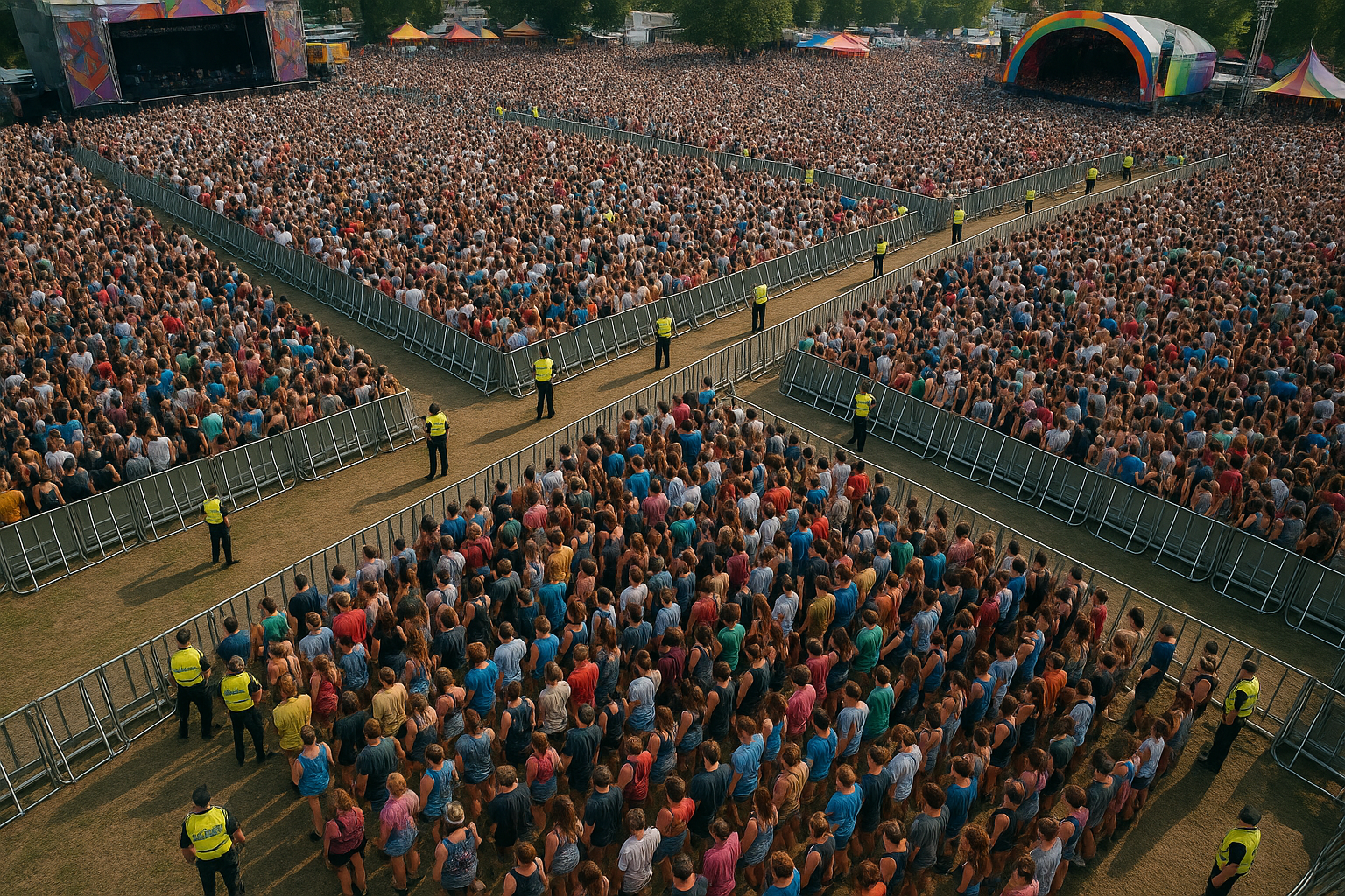Aerial view of organized festival crowd showing effective crowd management and flow patterns