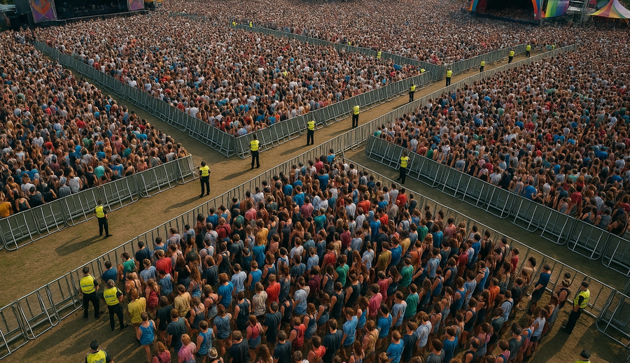 Aerial view of organized festival crowd showing effective crowd management and flow patterns