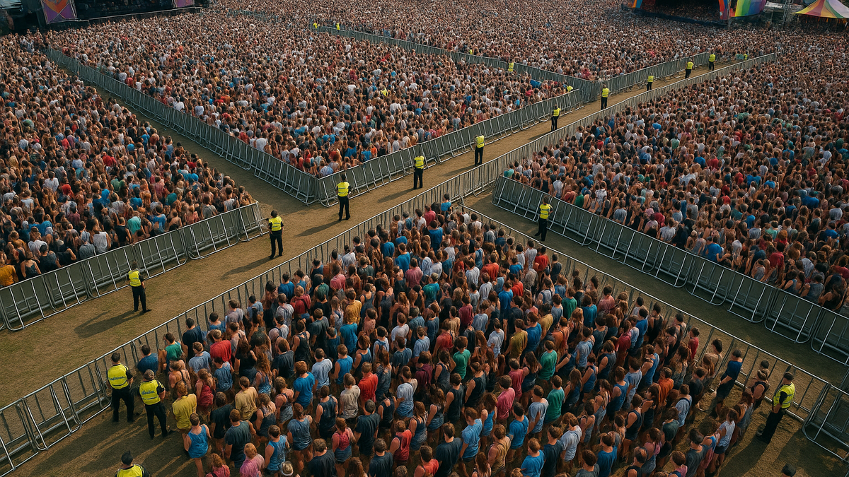 Aerial view of organized festival crowd showing effective crowd management and flow patterns