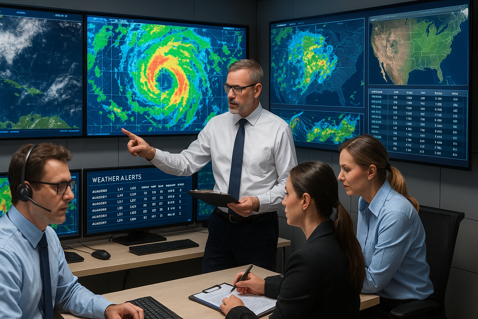 Professional weather monitoring service center with meteorologists analyzing conditions for event planning