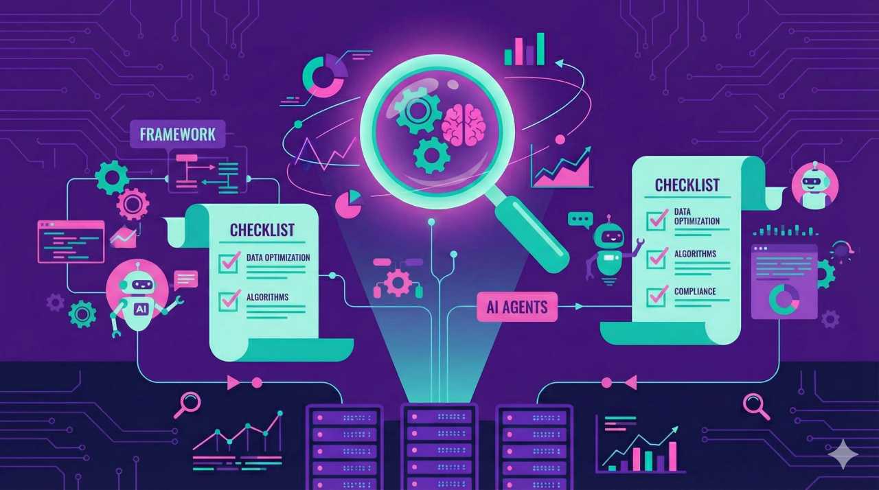 Illustration representing AI Agents Search Optimization: Framework & Checklist