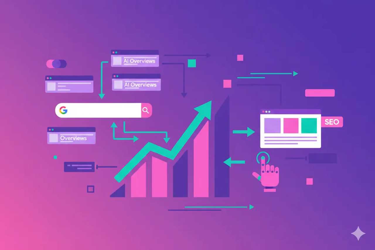Illustration representing Google AI Overviews SEO: Traffic Playbook for AI Search