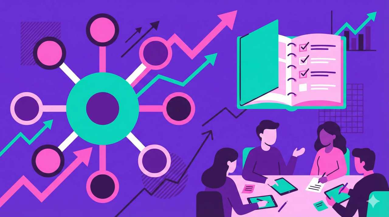 Illustration representing Topic Clusters: Growth Playbook with Checklists for Teams
