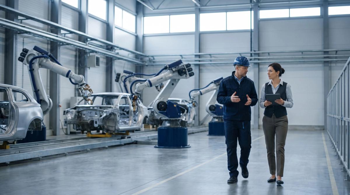 Two managers walking through an automated vehicle assembly hall