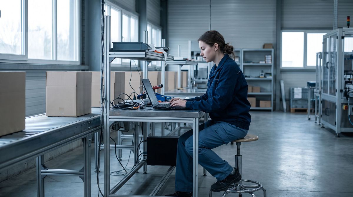 Developer building an app at a workstation on a plant floor