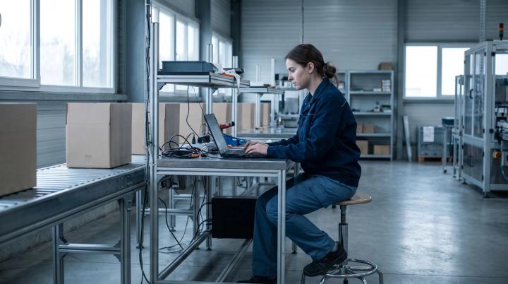 Developer building an app at a workstation on a plant floor