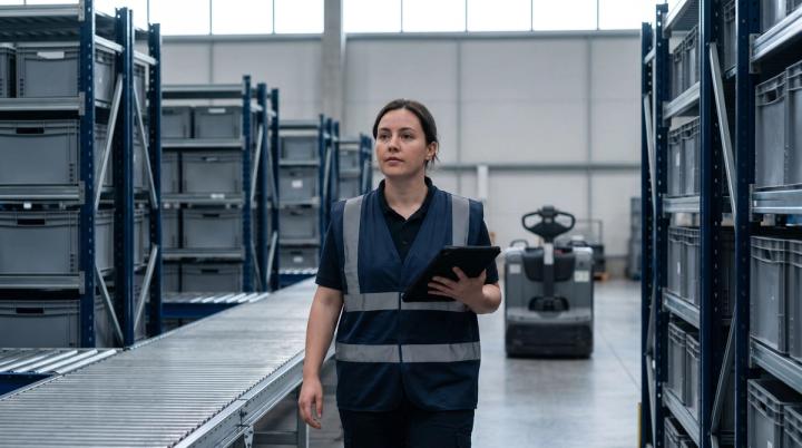 Warehouse worker with a tablet walking along conveyor and storage racks