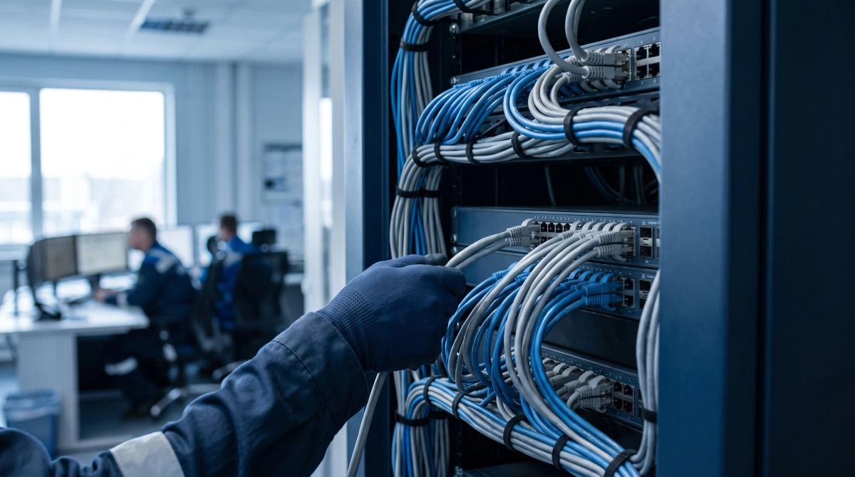Network cables connected to a rack with operators in a control room behind