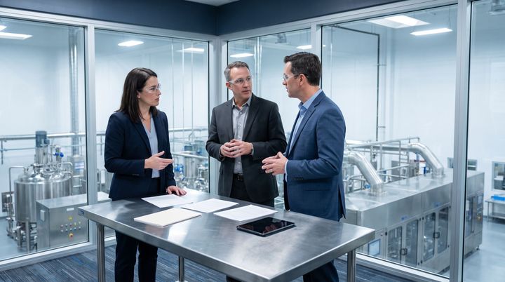 Three managers discussing governance in a glass meeting room beside a processing plant
