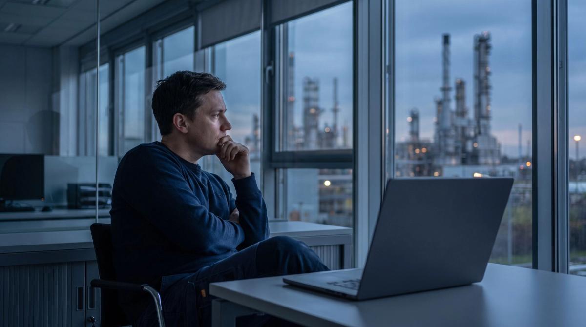 Engineer weighing options at a laptop with a refinery outside the window
