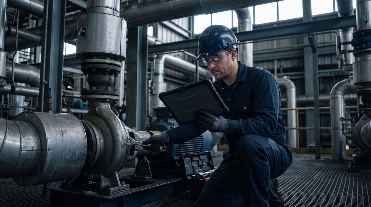 Field technician checking a pump with a rugged tablet