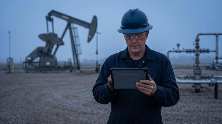 Field operator with a tablet at an oil well pad