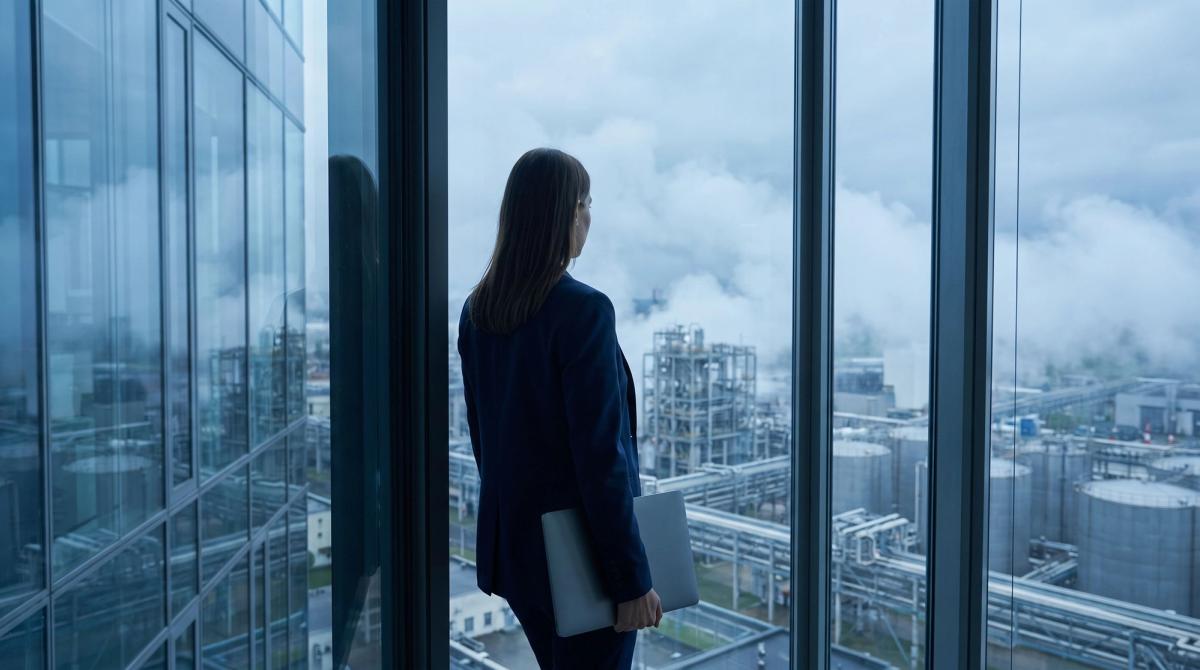 Business leader looking out over a refinery from an office window