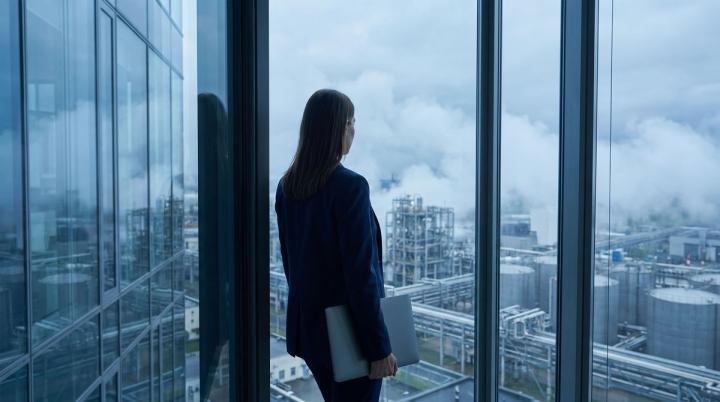 Business leader looking out over a refinery from an office window