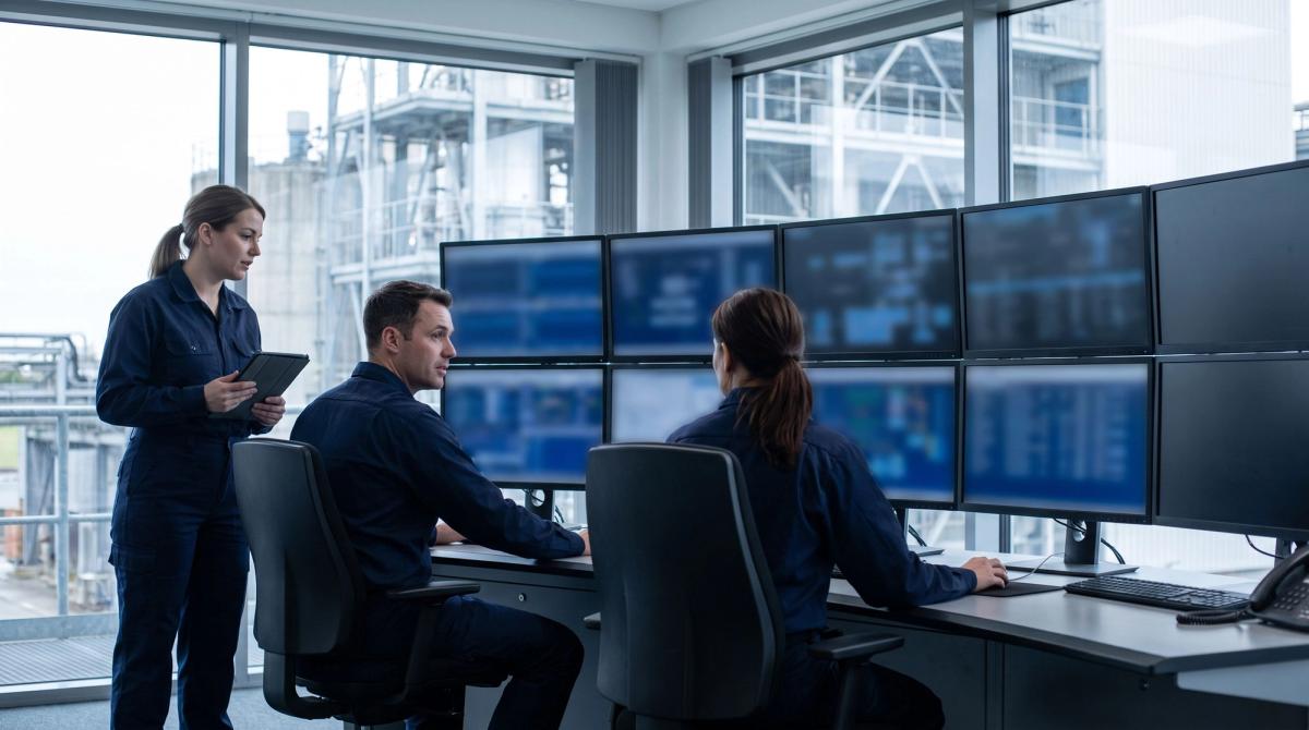 Operators monitoring a plant from a control room with multiple screens
