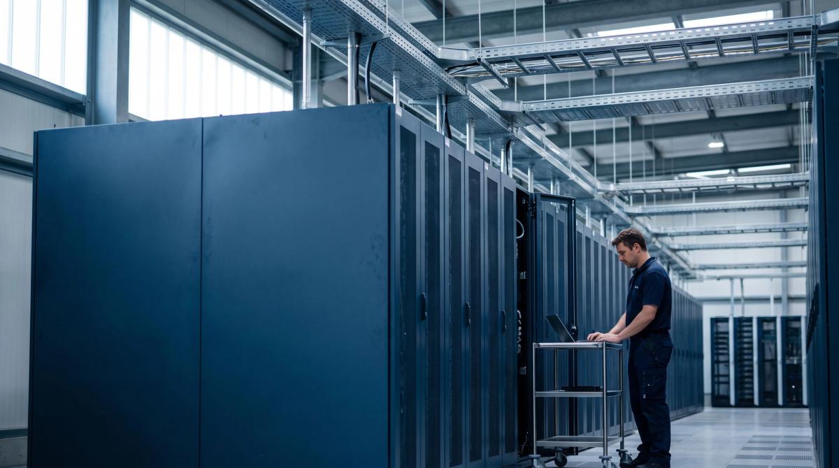 Technician working at server racks in an industrial data center