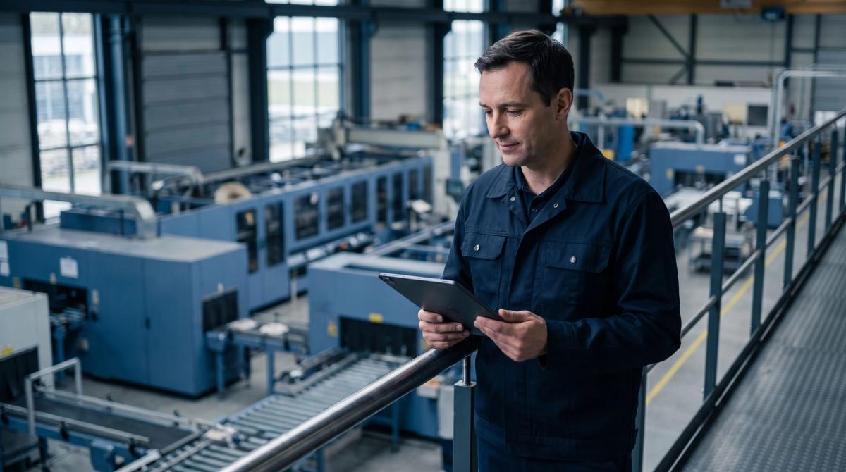 Plant engineer reviewing production data on a tablet above a manufacturing line