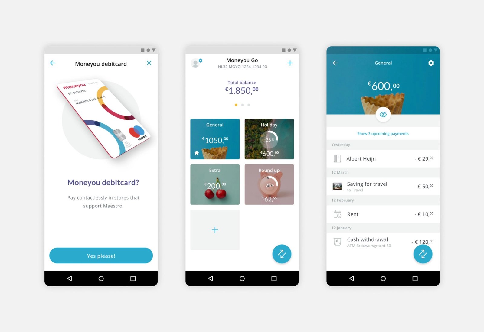 3 different screenshots of de app