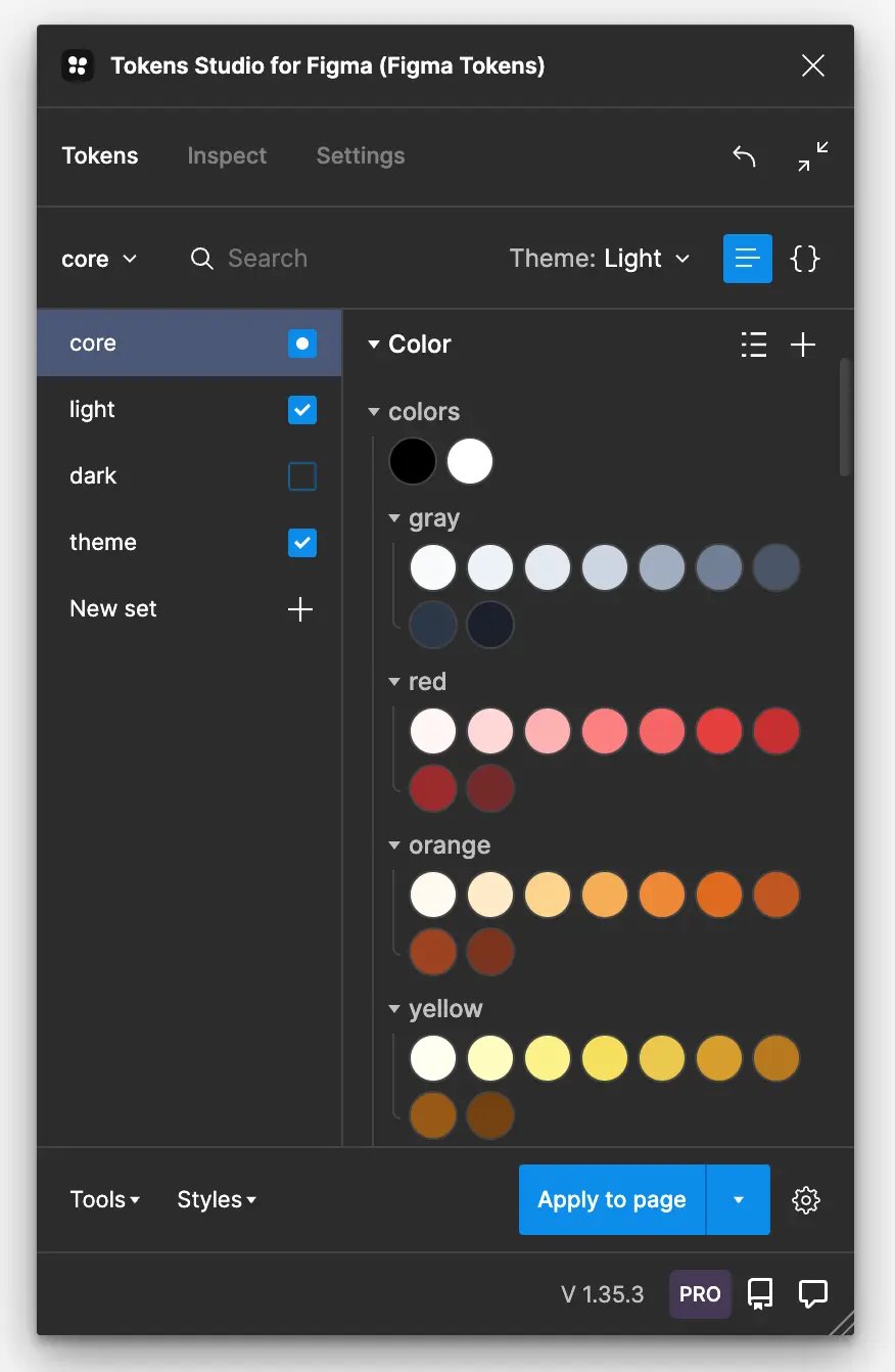 Voorbeeld van hoe de Tokens Studio plug-in met diverse semantic token sets eruit ziet