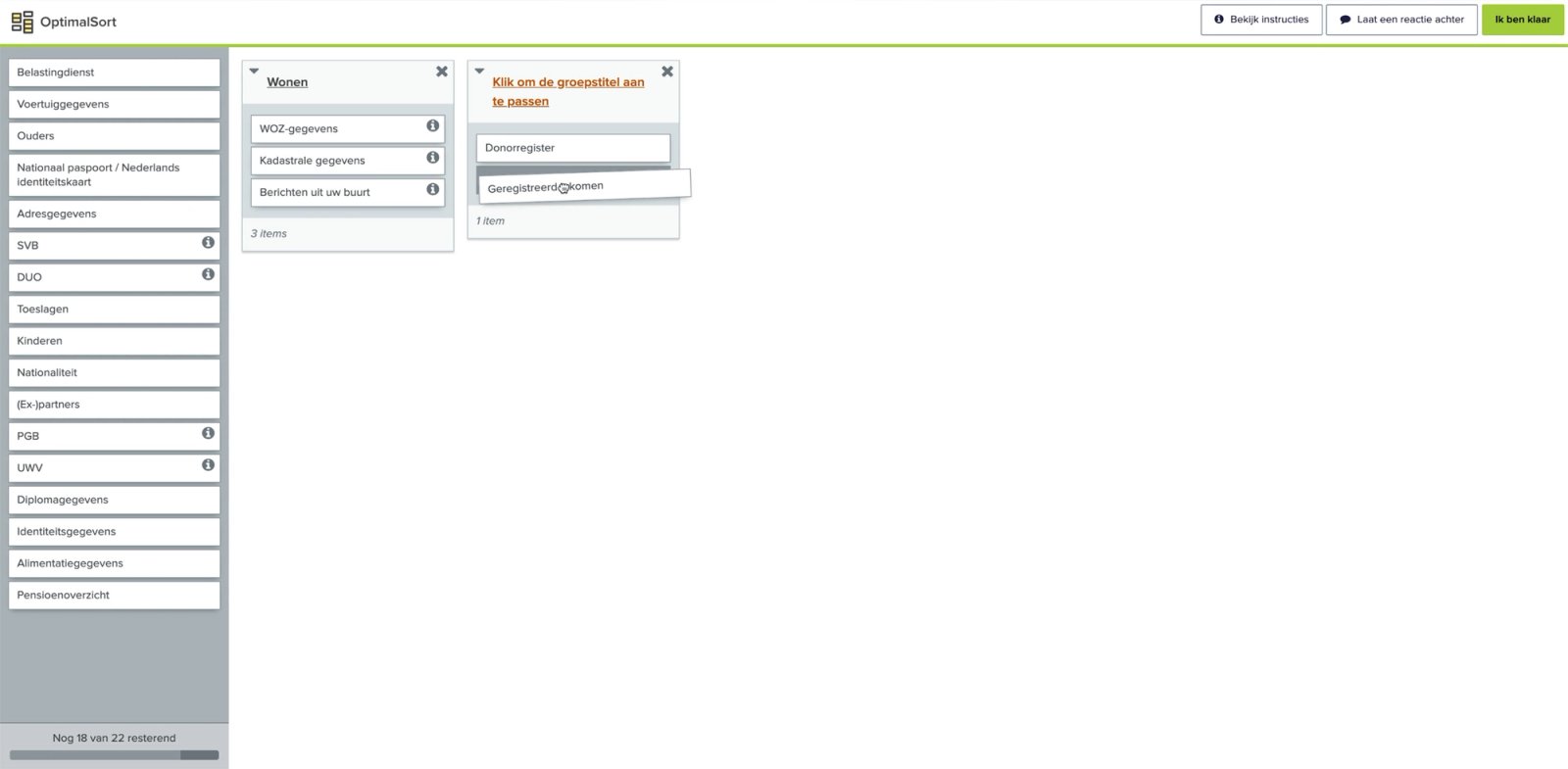 Voorbeeld van een card sort in online software