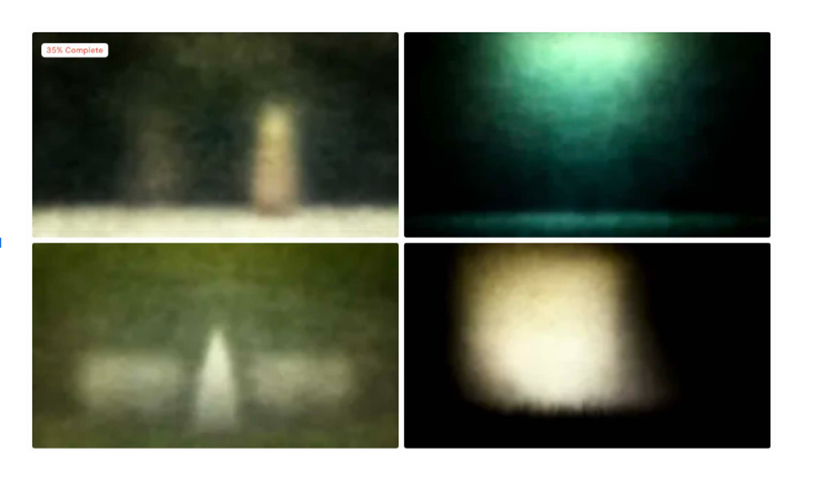 Voorbeeld van een voortgangsindicator tijdens AI-beeldgeneratie, met vier vage, gedeeltelijk gevormde beelden en een label dat ‘35% Complete’ toont.