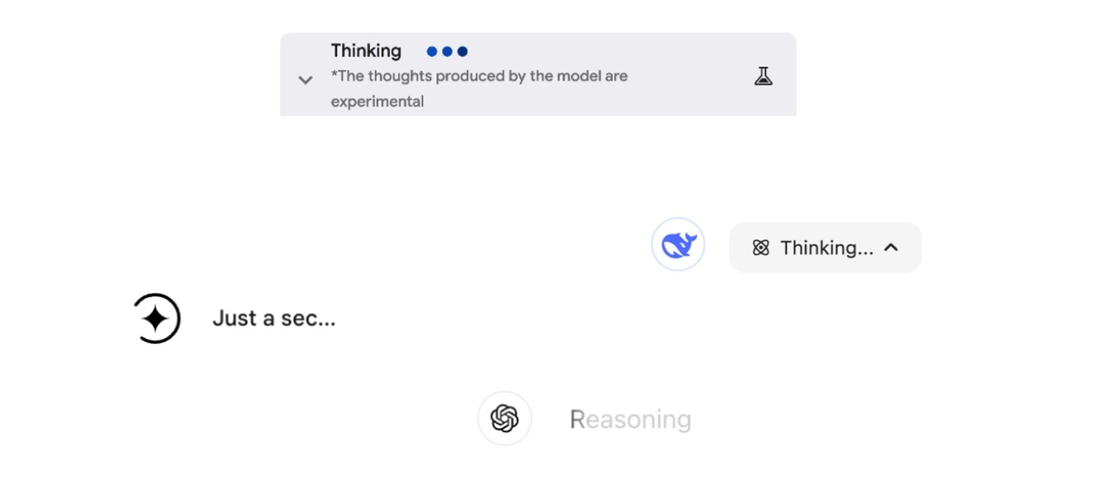 Voorbeelden van procesindicatoren bij AI-systemen, waaronder labels als ‘Thinking’, ‘Reasoning’ en animaties die aangeven dat de AI aan het verwerken is.