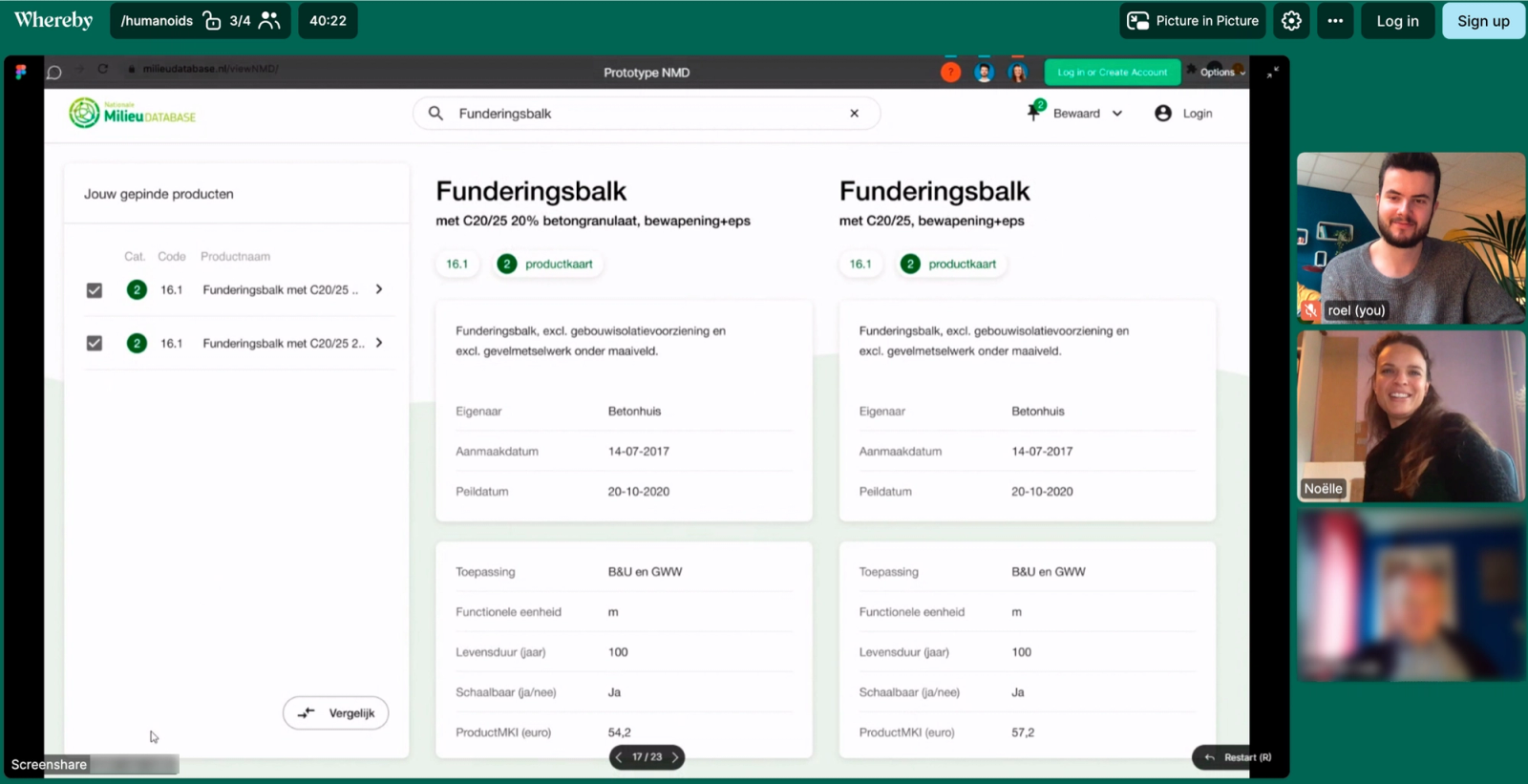 Screenshot van een zoommeeting waarbij UX designers hun ontwerpen laten zien aan de klant