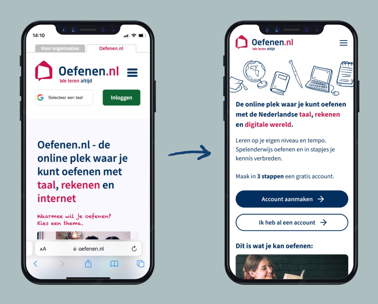 Voor en na: de vernieuwde homepage van Oefenen.nl biedt meer rust, duidelijkere call-to-actions en een toegankelijke tekststructuur die beter aansluit bij de doelgroep.